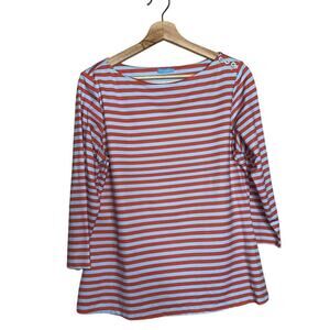 J. McLaughlin Wavesong Stripe Boat Neck 3/4 Sleeve Button Shoulder Tee Large